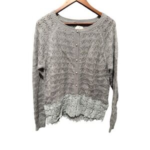 Basil Lola Gray Mohair Blend Knit Cardigan Sweater Lace Trim Medium M